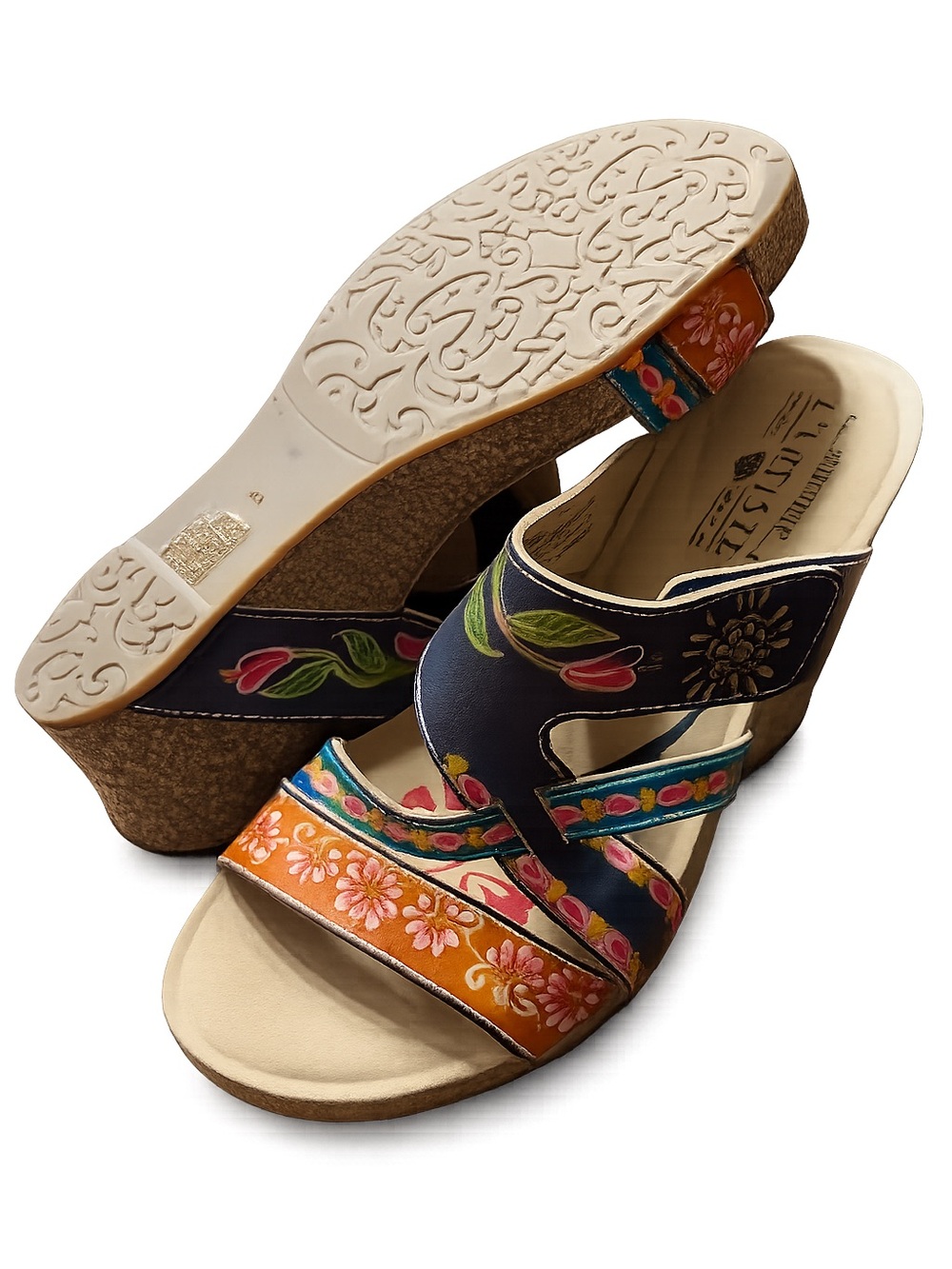 L'ATISTE Multicolor Floral Wedge Sandals - Navy, Orange, Pink, Green